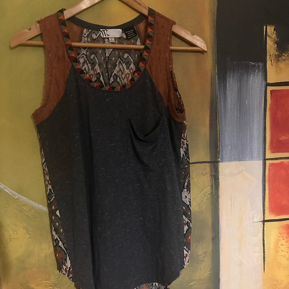 Miss Me Charcoal Tank with Rust Trim and Patterned Insets